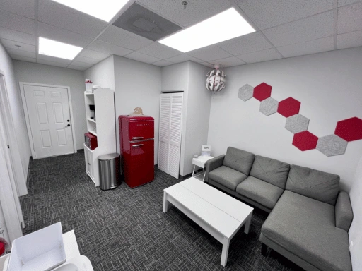 Clean and modern lounge area inside Vibrant Mobile Detail featuring a gray sofa with white coffee table, red retro-style refrigerator, decorative red and gray hexagon wall panels, pendant light fixture, and bookshelf in a carpeted room.